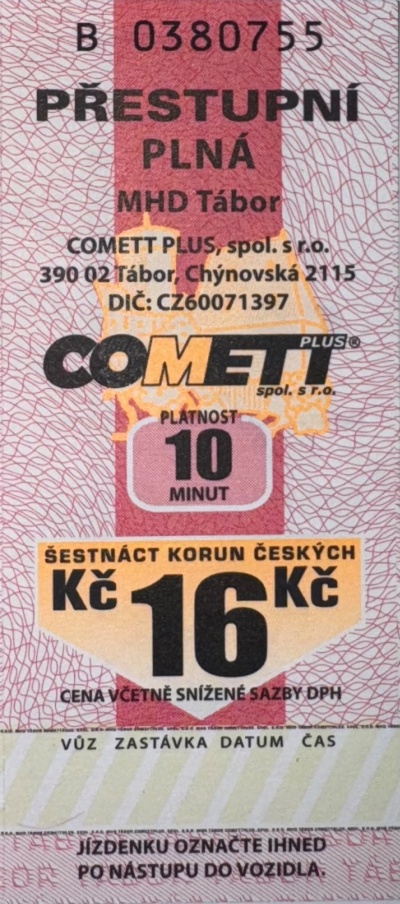 16 Kč (10 minut) plné jízdné