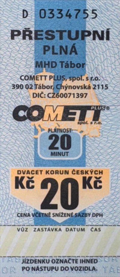 20 Kč (20 minut) plné jízdné