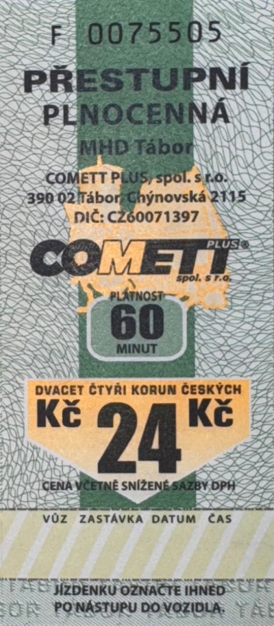 24 Kč (60 minut) plné jízdné